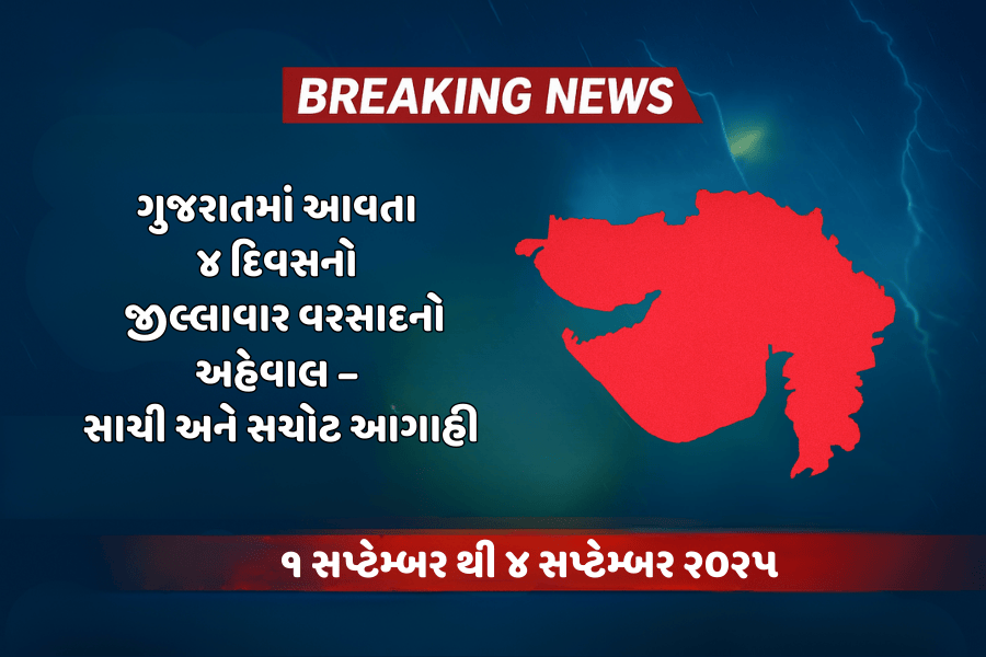 ગુજરાતમાં આવતા ૪ દિવસનો (૧ સપ્ટેમ્બરથી ૪ સપ્ટેમ્બર ૨૦૨૫) જીલ્લાવાર વરસાદનો અહેવાલ – સાચી અને સચોટ આગાહી