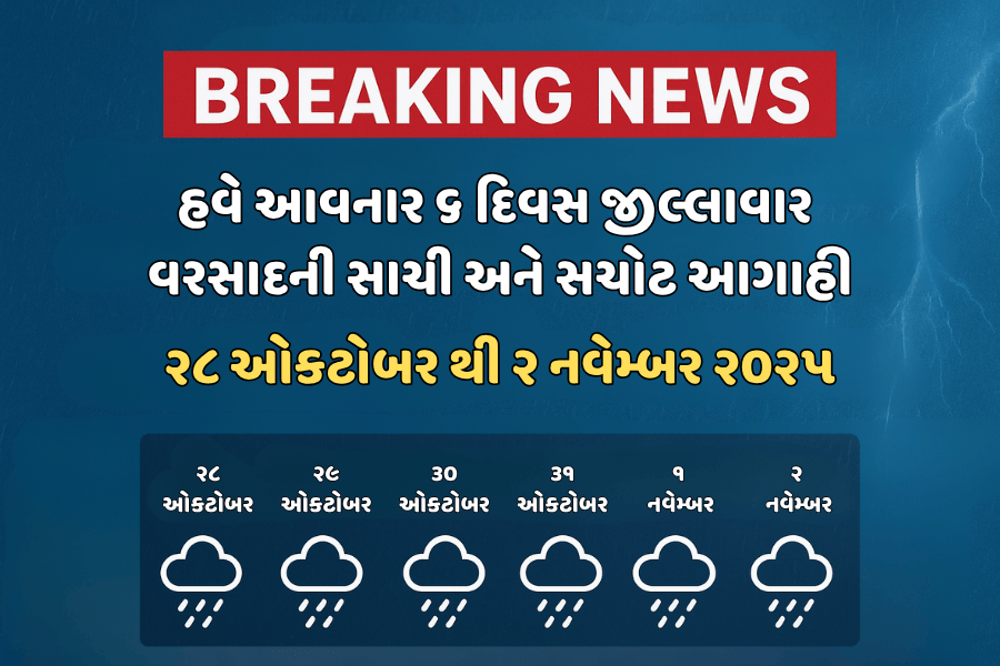 ગુજરાતમાં આવનારા 6 દિવસ વરસાદની આગાહી (૨૮ ઓકટોબર થી ૨ નવેમ્બર ૨૦૨૫) – District Wise Weather Update | Gujarat Rain Forecast