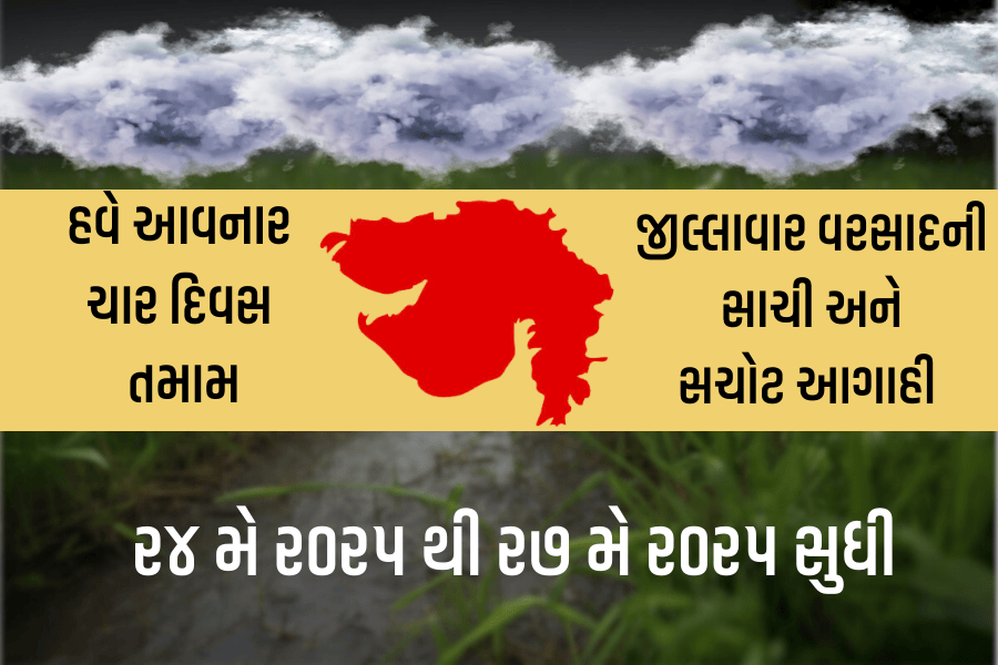 હવે આવનાર ચાર દિવસ ગુજરાતના તમામ જીલ્લાની વરસાદની આગાહી (૨૪ મે ૨૦૨૫ થી ૨૭ મે ૨૦૨૫ સુધી)