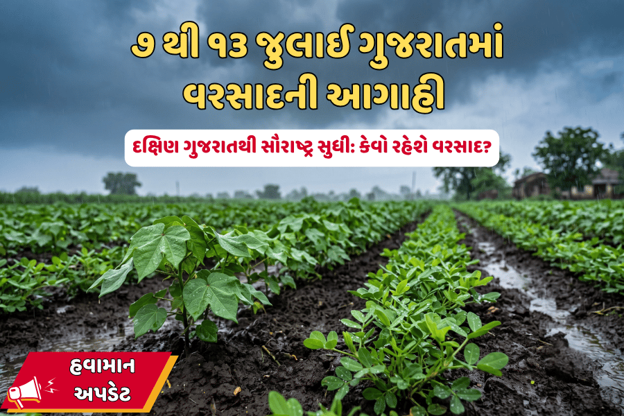 ૭ થી ૧૩ જુલાઈ ગુજરાતમાં વરસાદની આગાહી | દક્ષિણ ગુજરાતથી સૌરાષ્ટ્ર સુધી: આવતા ૬ દિવસ કેવો રહેશે વરસાદ?